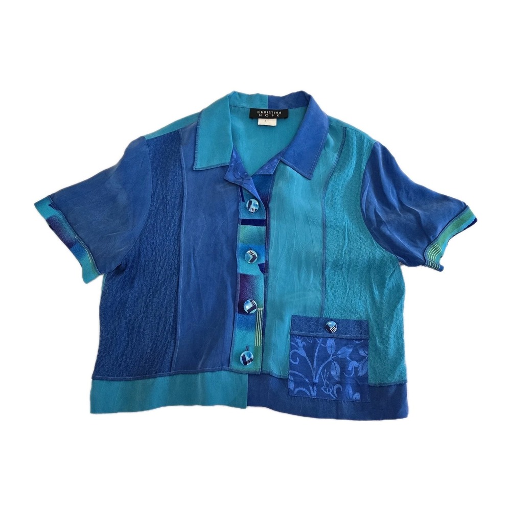 Vtg Christina Hope Mixed Media Button Up Exposed Hem Patchwork Artstly Aqua Blue